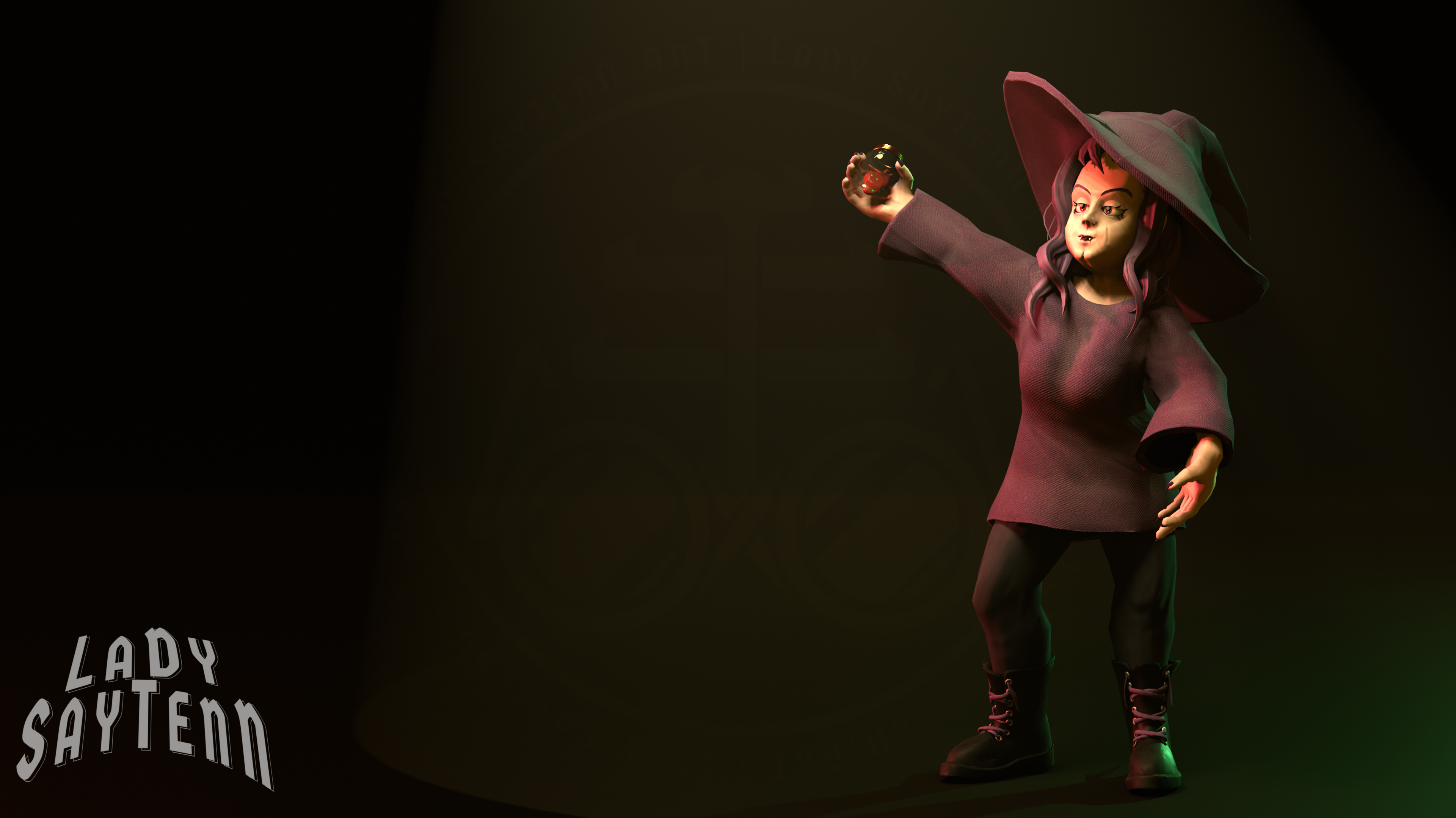 A 3D model of a witch/vampire hybrid. She is standing under a spotlight holding a jar with a supposedly human heart inside, mimicking the 