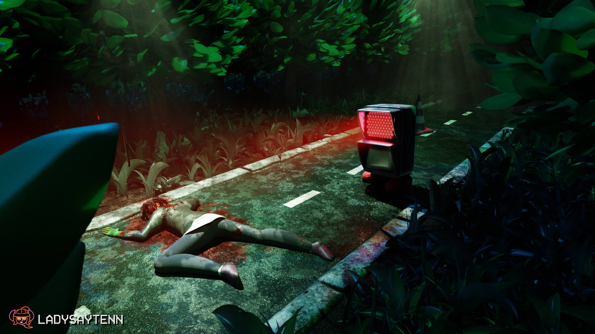 3D render of the Dense Woods from Yume Nikki. Madotsuki, equipped with the Stoplight effect, gazes upon the corpse of Shitai-san.