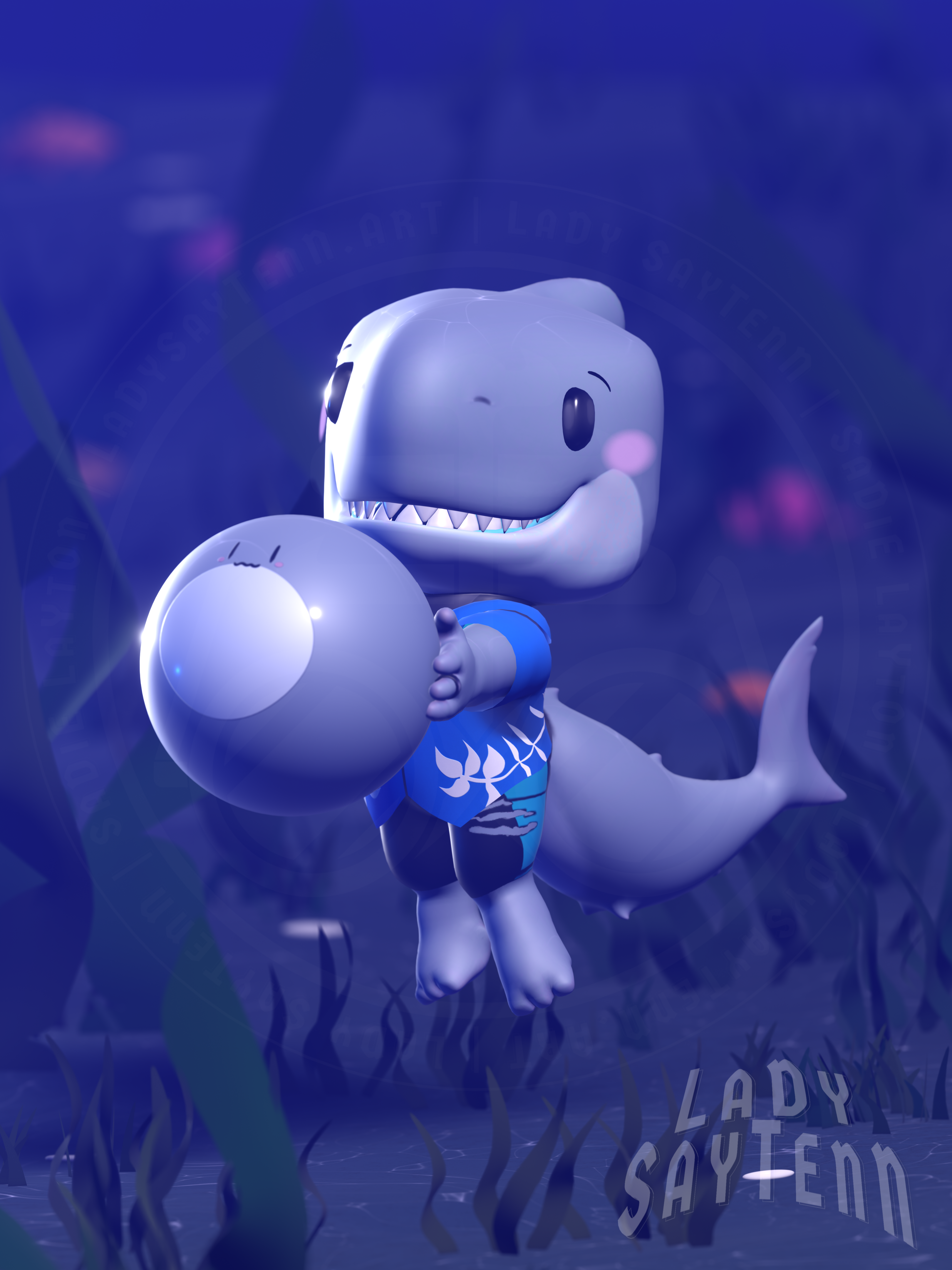 A stylized 3D model of Duke's sharksona. He has black beady eyes, a teal tongue, gray skin highlighted in a lighter gray on his jaw, the bottoms of his feet, the upper-bottom of the tail, and on a heart shaped mark on his left palm. He's wearing a black wetsuit, a blue tropical shirt and a black wedding ring on his left hand The wetsuit has teal stripes on the sides and scratches on the left leg, and the tropical shirt has white leafy vines. He's holding a ball with a simplified version of his face on it.