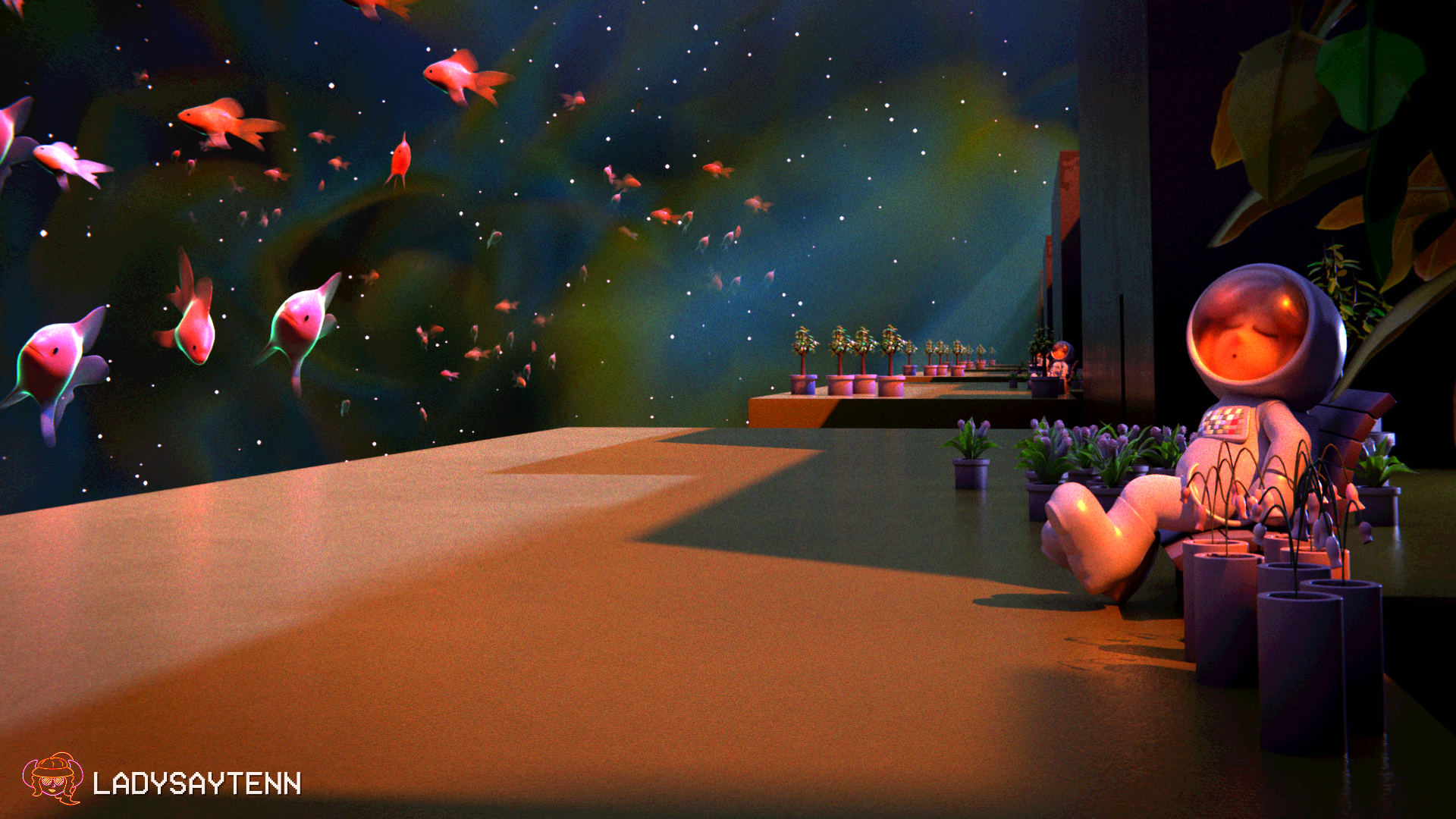 3D render of the Flying Fish World from Yume 2kki. Urotsuki with the Astronaut Effect equipped rests on a park bench and gazes upon the goldfish in the sky. The world recurses into itself in the distance.