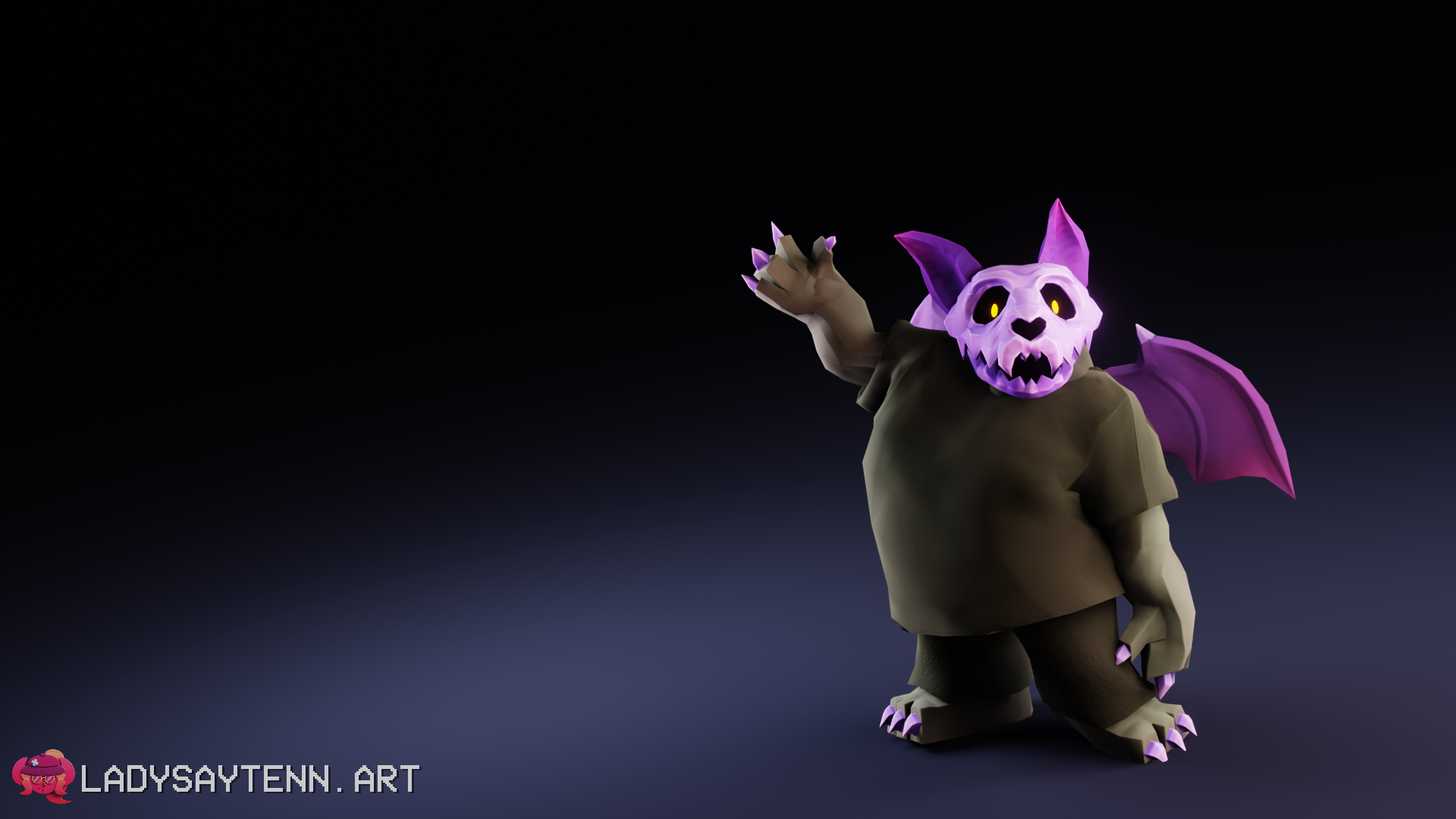 A 3D model of a skull-headed bat monster, waving at the camera. He has a light-purple skull, yellow glowing pupils, saturated purple ears, gray fur, light-purple claws, saturated purple wings, and a dark gray shirt and pants.