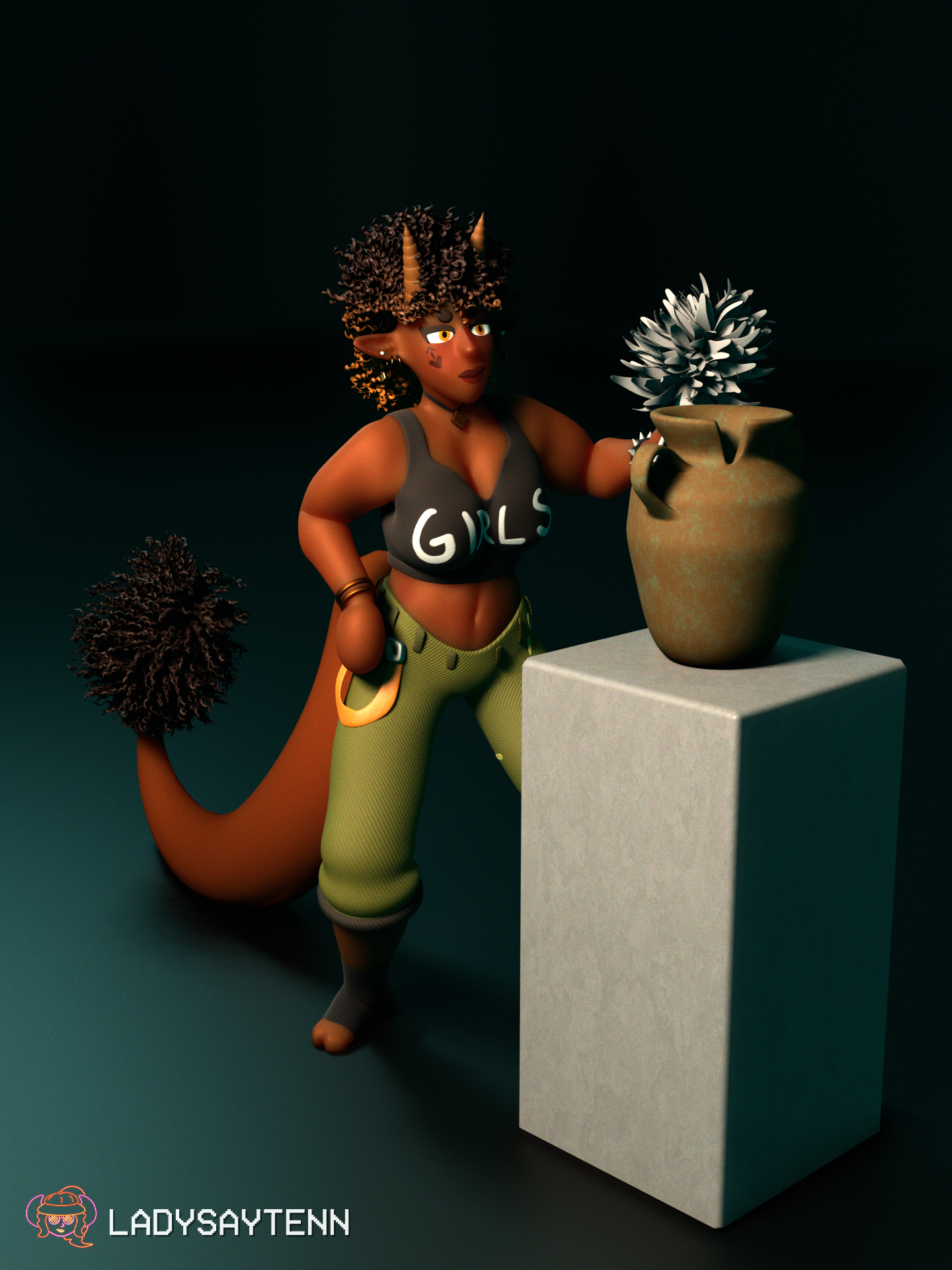 A tiefling dusts off and examines an old vase. She has brown skin with toned muscles, amber eyes, dark brown curly hair on her head and tail, orange horns, a black crop top with 