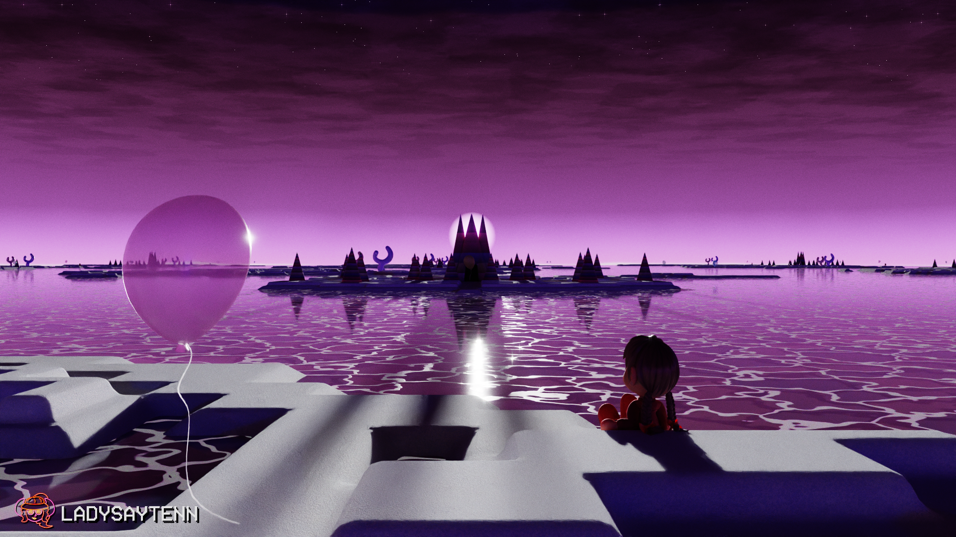 3D render of the Pink Sea from Yume Nikki. Madotsuki rests on a blocky shore and gazes upon Poniko's House in the center of the frame.