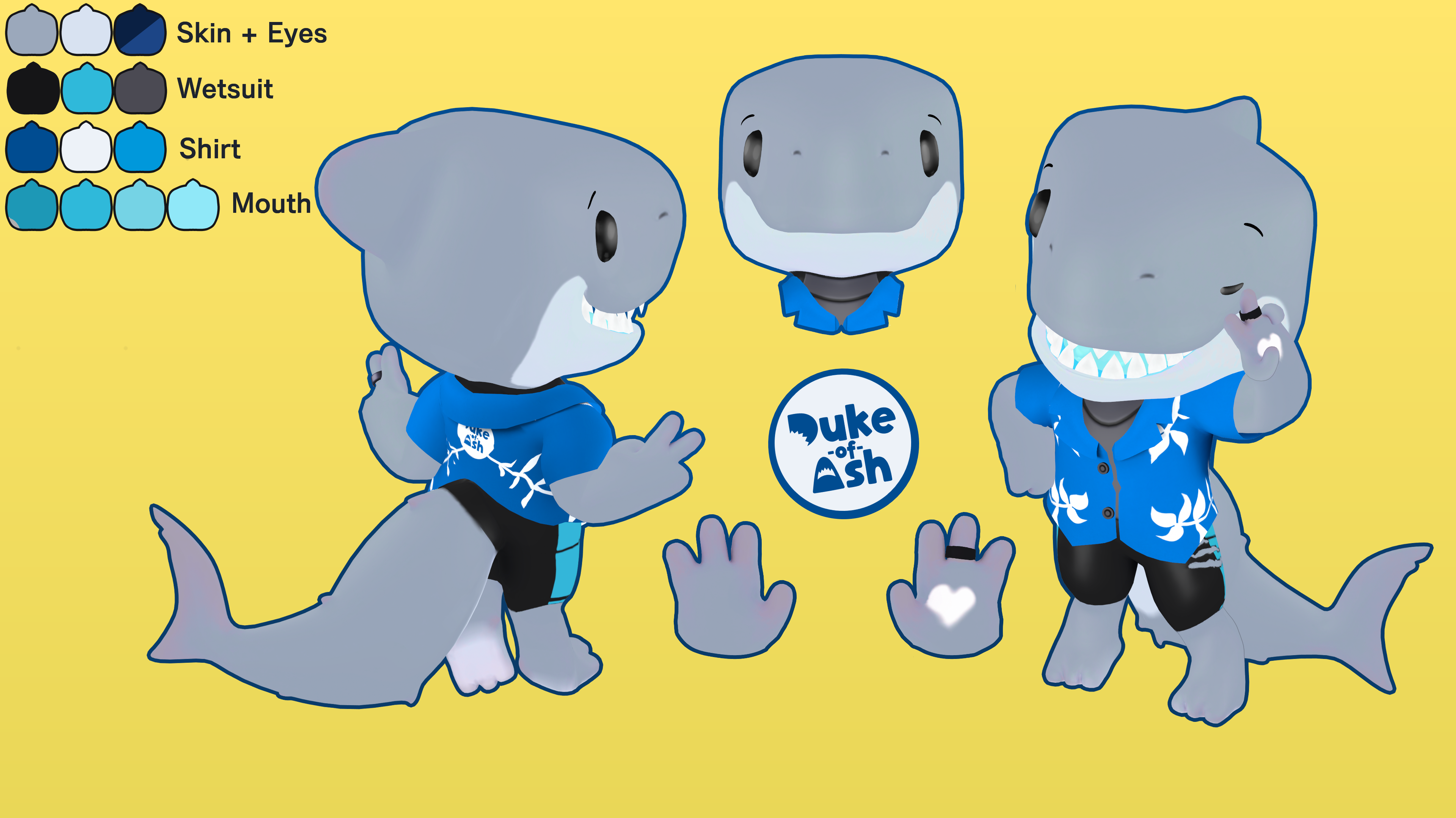 A ref sheet of Duke's sharksona, showcasing the Duke of Ash logo on the back of his shirt.