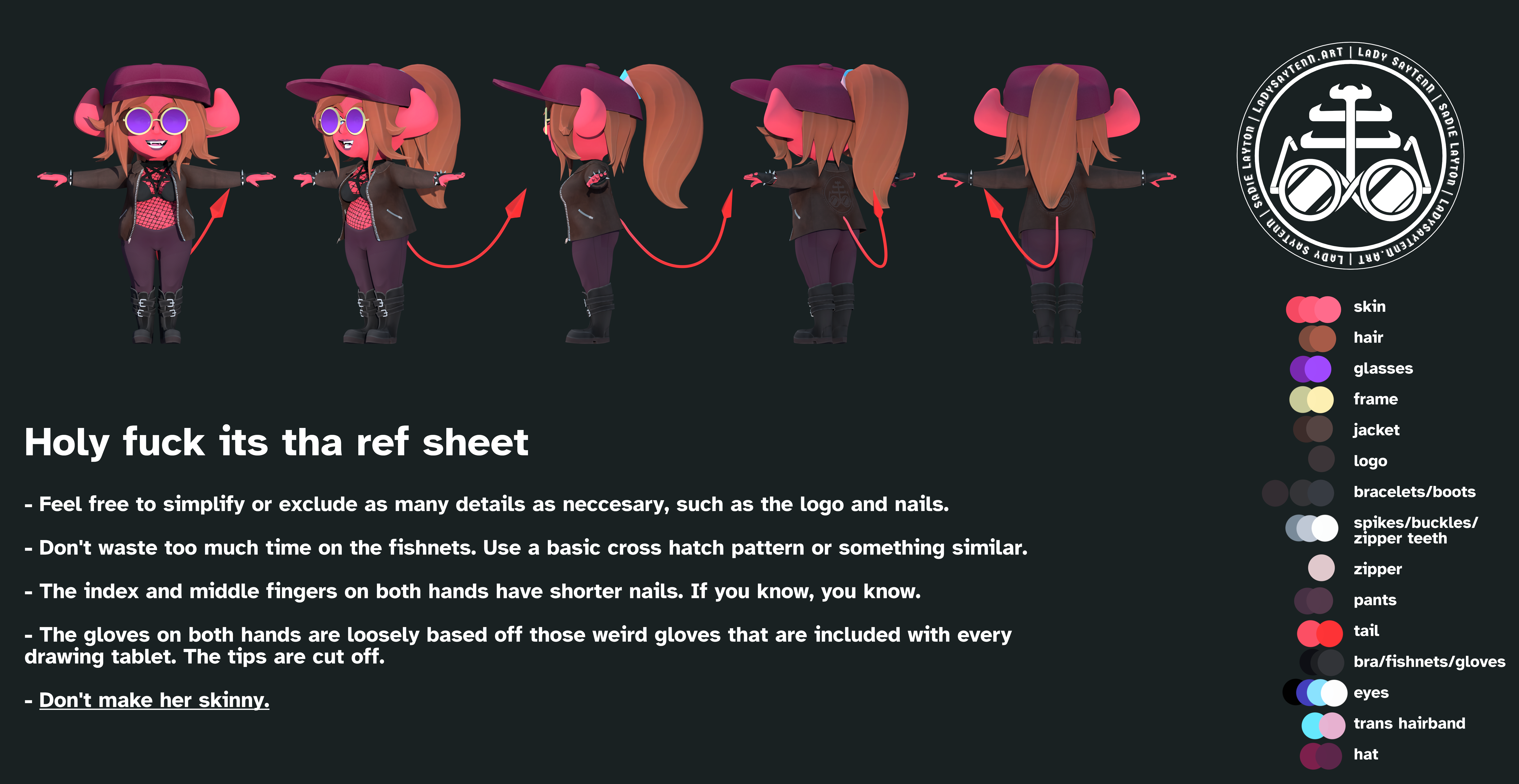 A ref sheet for the aforementioned demonsona. The model is in a T pose at different angles under neutral lighting, with color information and a closer look at the logo on the back of her jacket. Text in the middle reads, 