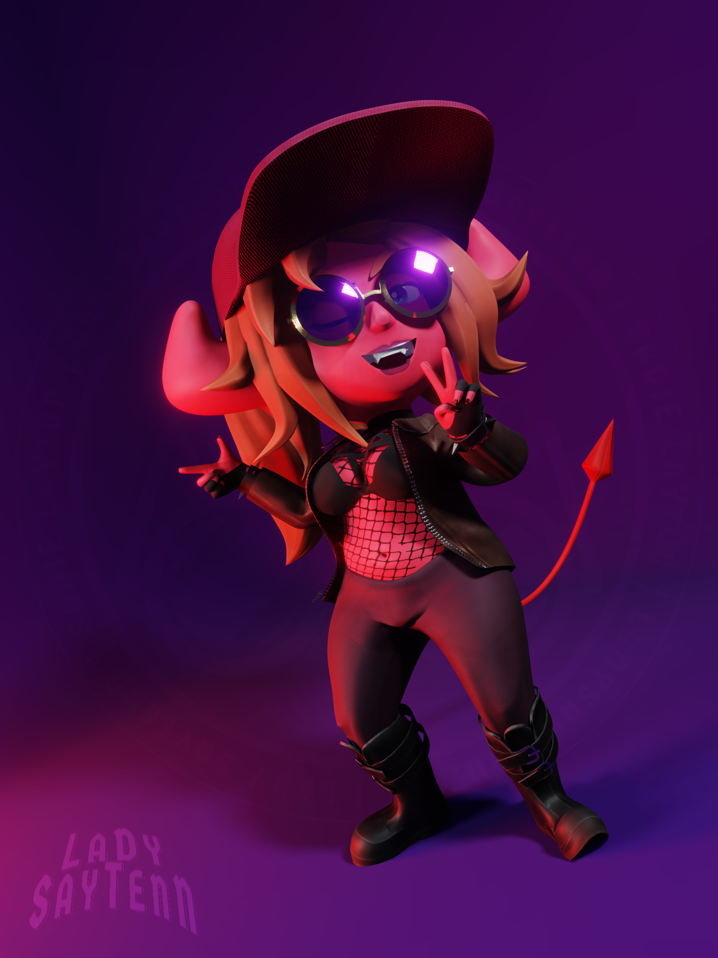 A 3D model of my demonsona, winking and making peace signs with both hands at the camera over a purple backdrop. She has light red skin, brown hair done in a ponytail, blue eyes and a blood-red tail. She has thick horns where her ears would be, and she's wearing a brown leather jacket, a black bra with straps arranged in a pentagram over her cleavage, fishnets, purple sweatpants, black boots, spiked bracelets, drawing gloves on both hands, purple sunglasses with gold rims, and a purple baseball cap.