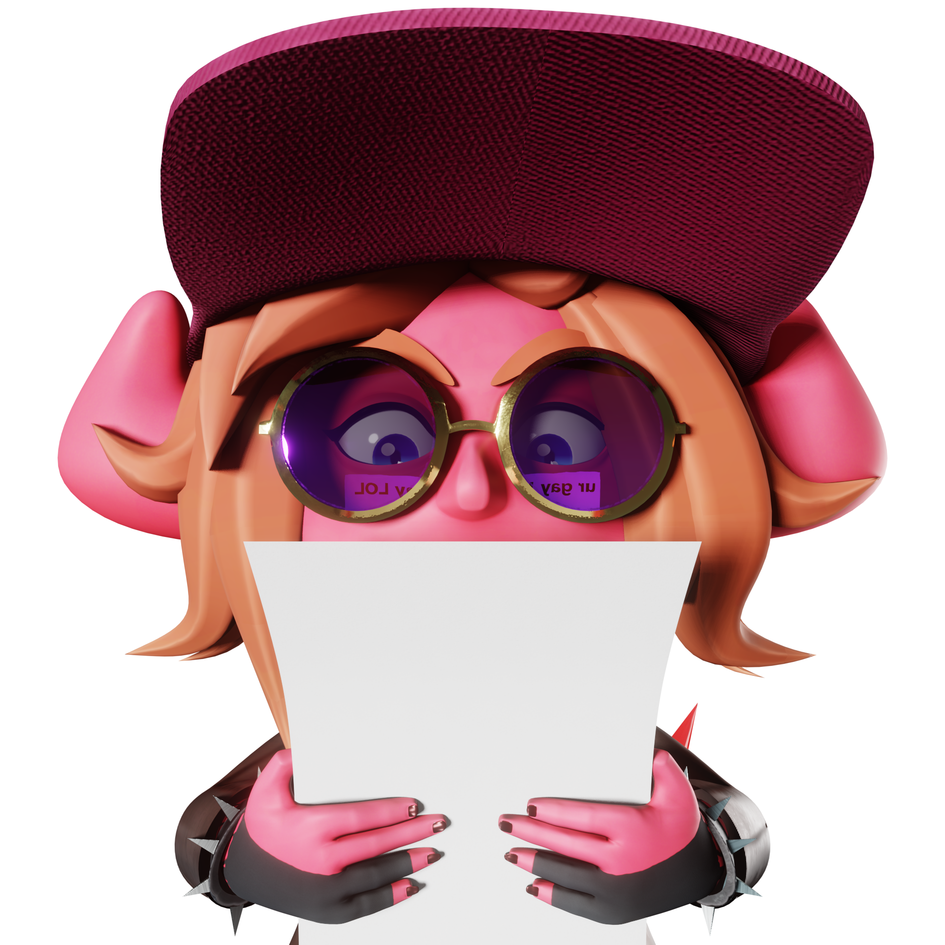 Lady Saytenn's demonsona reading a letter in a pose similar to Mario reading Bowser's letter from Hotel Mario. The reflection in her sunglasses reveals that the letter reads 