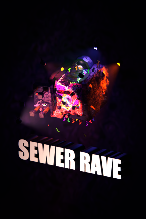 Steam library art for Sewer Rave. A 3D rendered cubic diorama of bricks, sludge, cheese, fruits and rats floats in a dark purple void.  The Sewer Rave logo is in the bottom center.