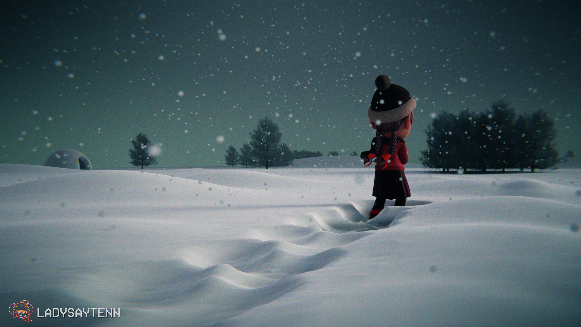 3D render of the Snow World from Yume Nikki. Madotsuki, with the Hat and Scarf Effect equipped, treads through the snow with her arms crossed.