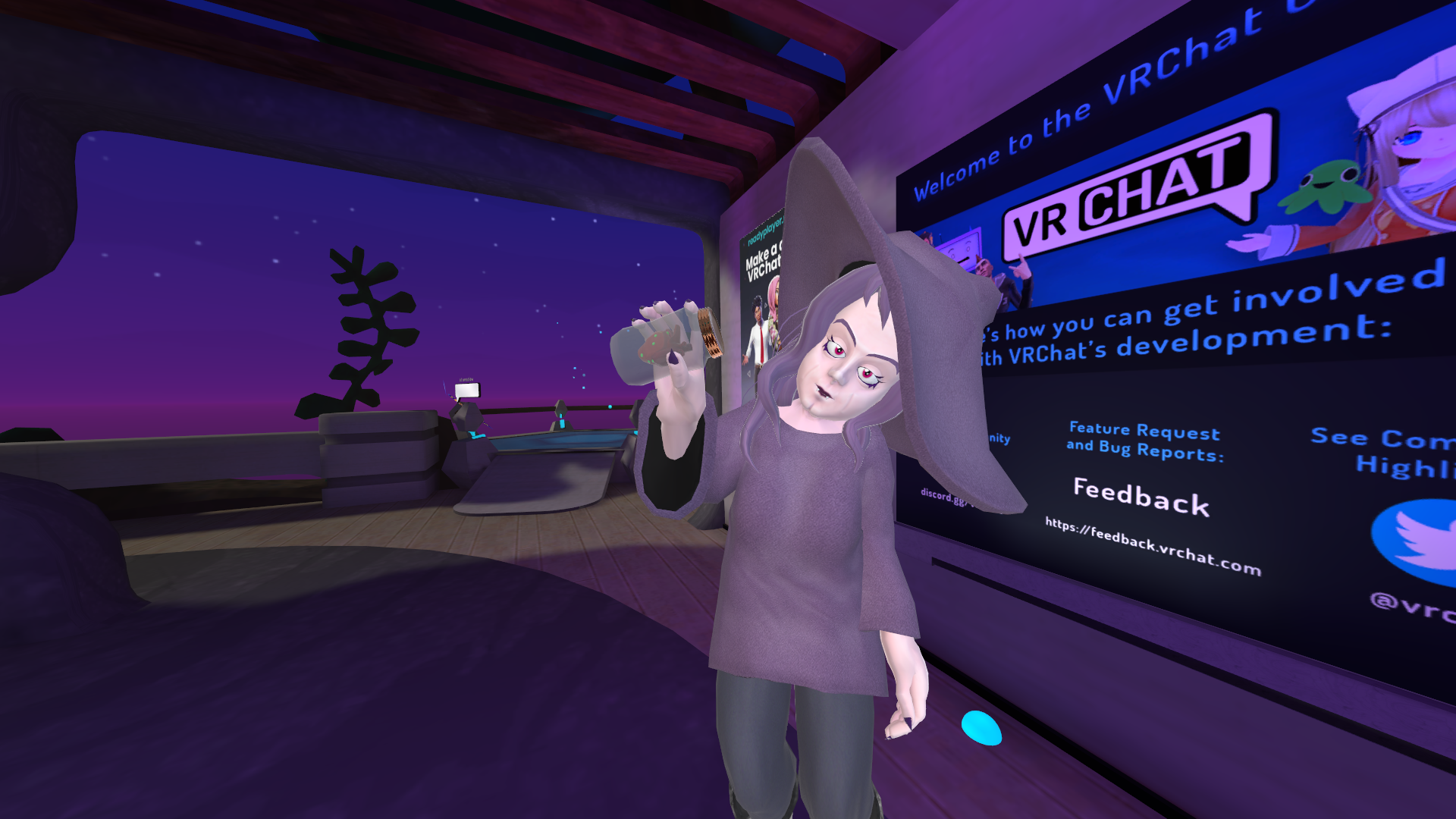 The aforementioned witch Autumn, in the default VRChat hub.