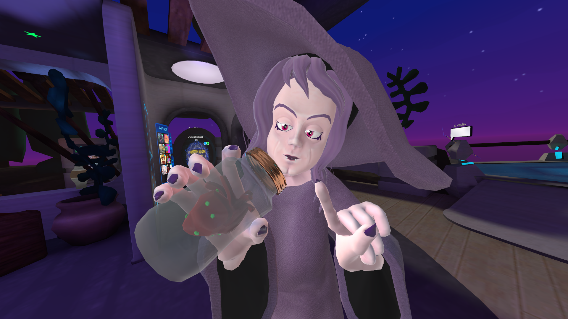 An up-close look at Autumn in the default VRChat hub, holding the heart in the jar close to the camera.