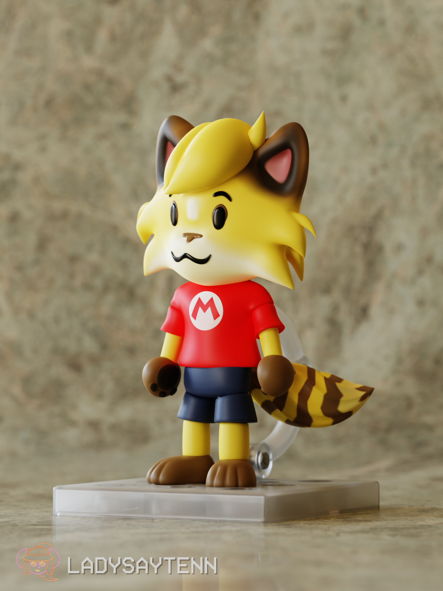 3D render of a poseable figurine of an anthro fox on a marble background. He has yellow fur, brown ears and paws, and brown stripes on his tail. He's wearing blue shorts and a red shirt with a white circle and red M on his chest. No Relation.