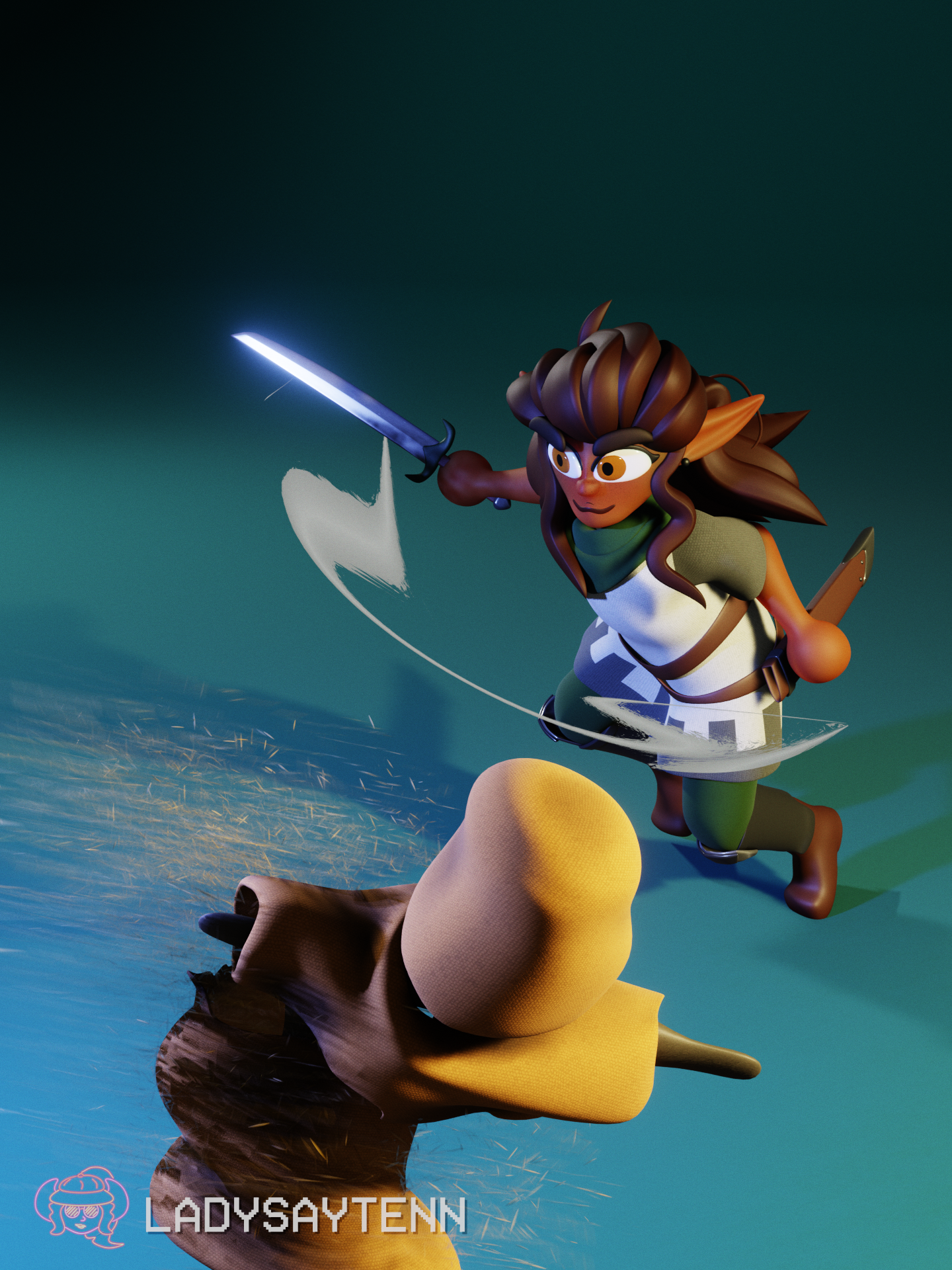 An elf girl with long hair swings her sword at a training dummy at high velocity. She has brown skin, amber eyes, dark brown hair, green garments covered in a white tunic, and brown boots.