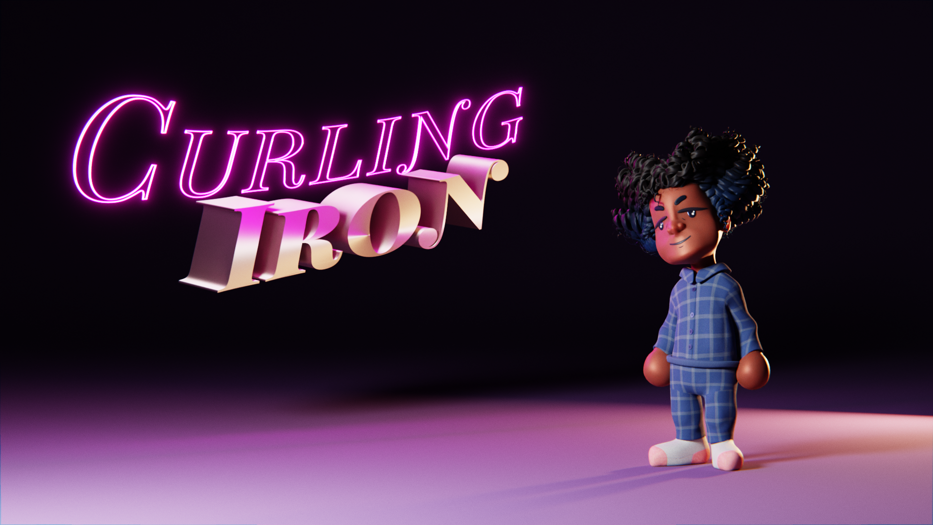 3D render of Ann, a black girl with blue pajamas with stylized curly hair with the silhouette of a heart. She is standing next to the Curling Iron logo.