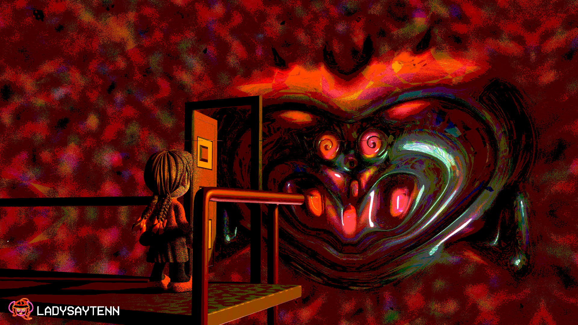 A still frame from the previous animation of the FACE event from Yume Nikki. Wind is blowing in Madotsuki's hair as she stares at the FACE through the doorframe on the platform, with shards of glass whizzing by her. The background's colors are in a red palette.