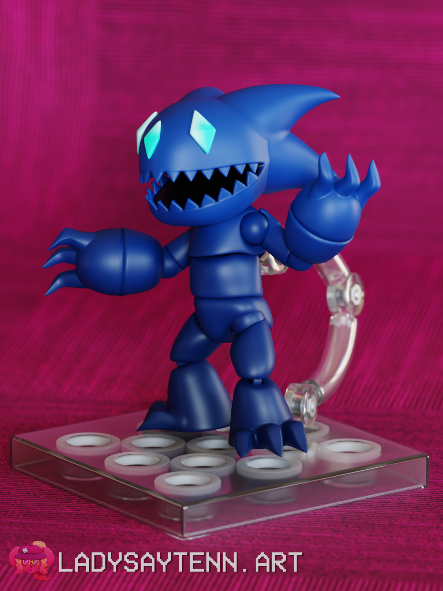 3D render of a poseable figurine of a....blue creature in front of a red cloth background. It has teal diamonds for eyes, sharp teeth, big quills protruding from its head, and claws on its hands and feet.