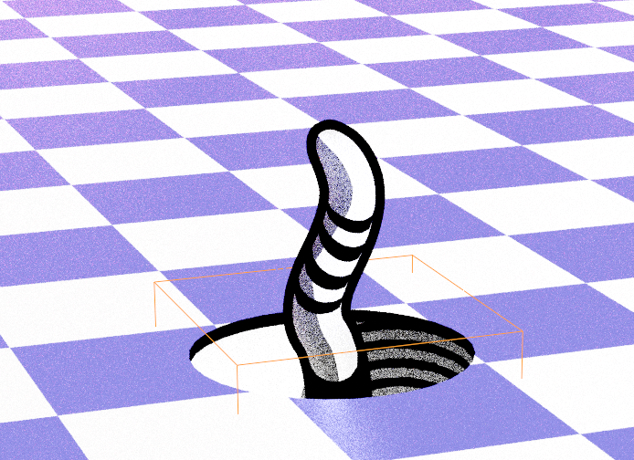 A WIP screenshot of The Worm, showing the bounding box of the boolean hole underneath him.