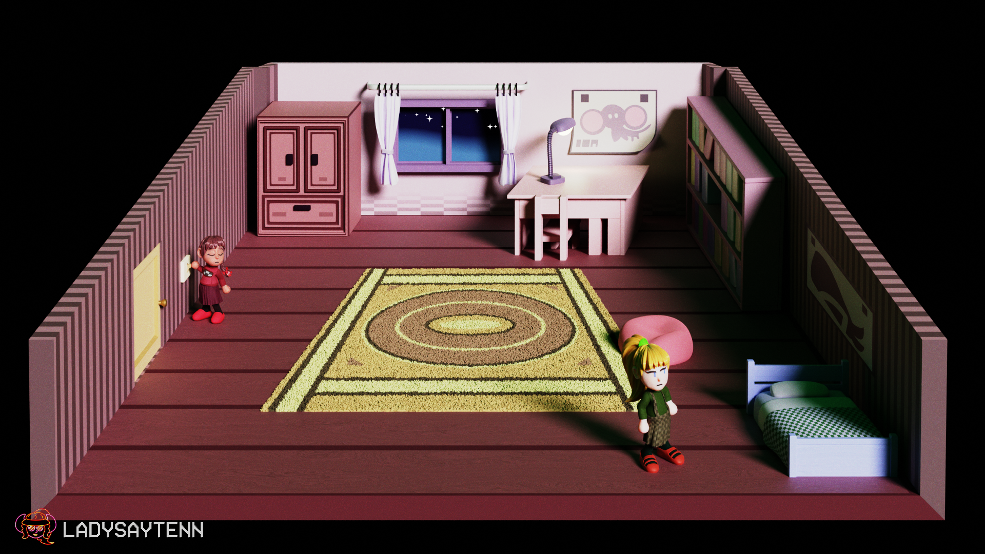 A 3D render of Poniko's Room from Yume Nikki, with the lights on. Madotsuki is next to the lightswitch, while poniko is staring off into the corner by her bed.