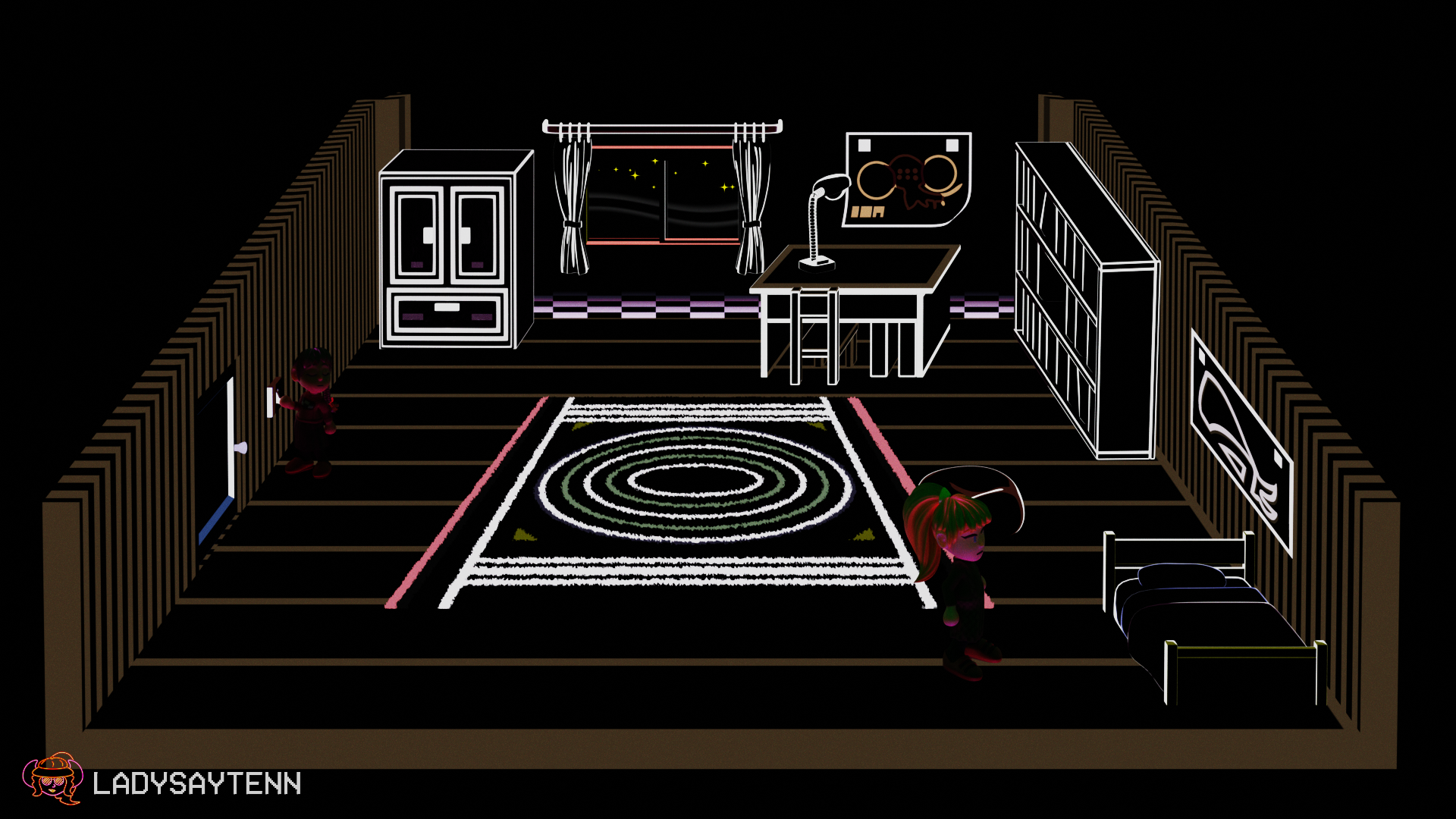 The same scene as before, but the lights are off. The outlines on the objects illuminate the characters slightly.