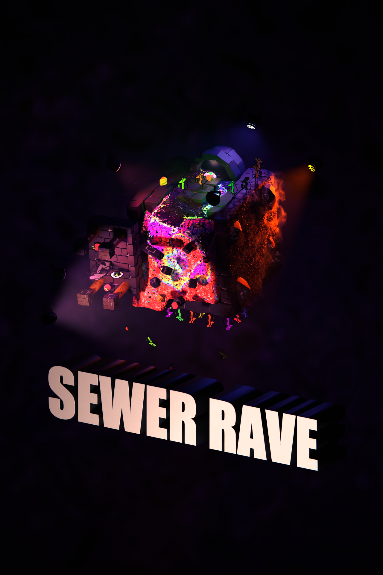 Steam library art for Sewer Rave. A 3D rendered cubic diorama of bricks, sludge, cheese, fruits and rats floats in a dark purple void.  The Sewer Rave logo is in the bottom center.