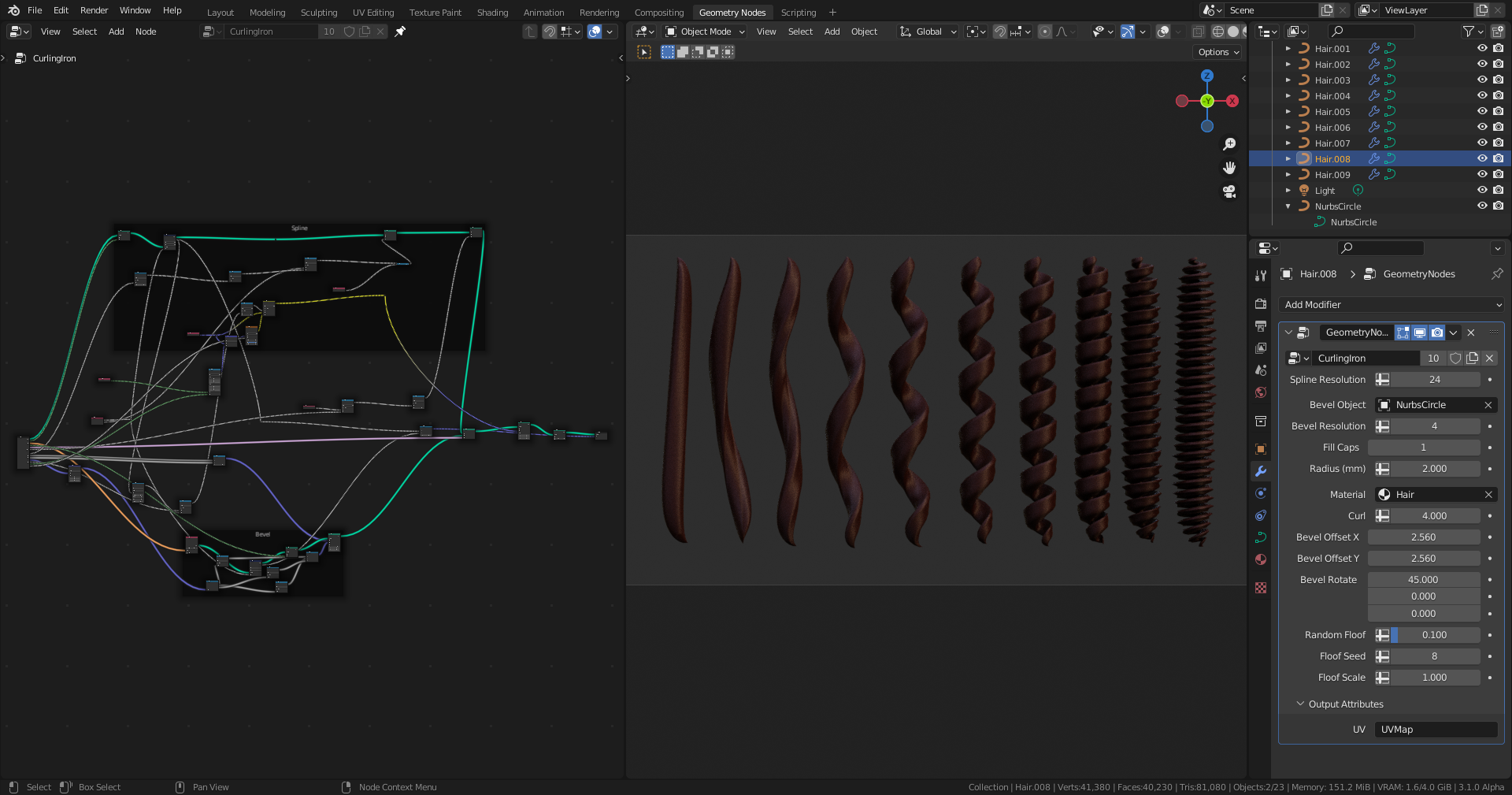 A viewport screenshot showcasing the node tree, and ten curves at varying degrees of curl.