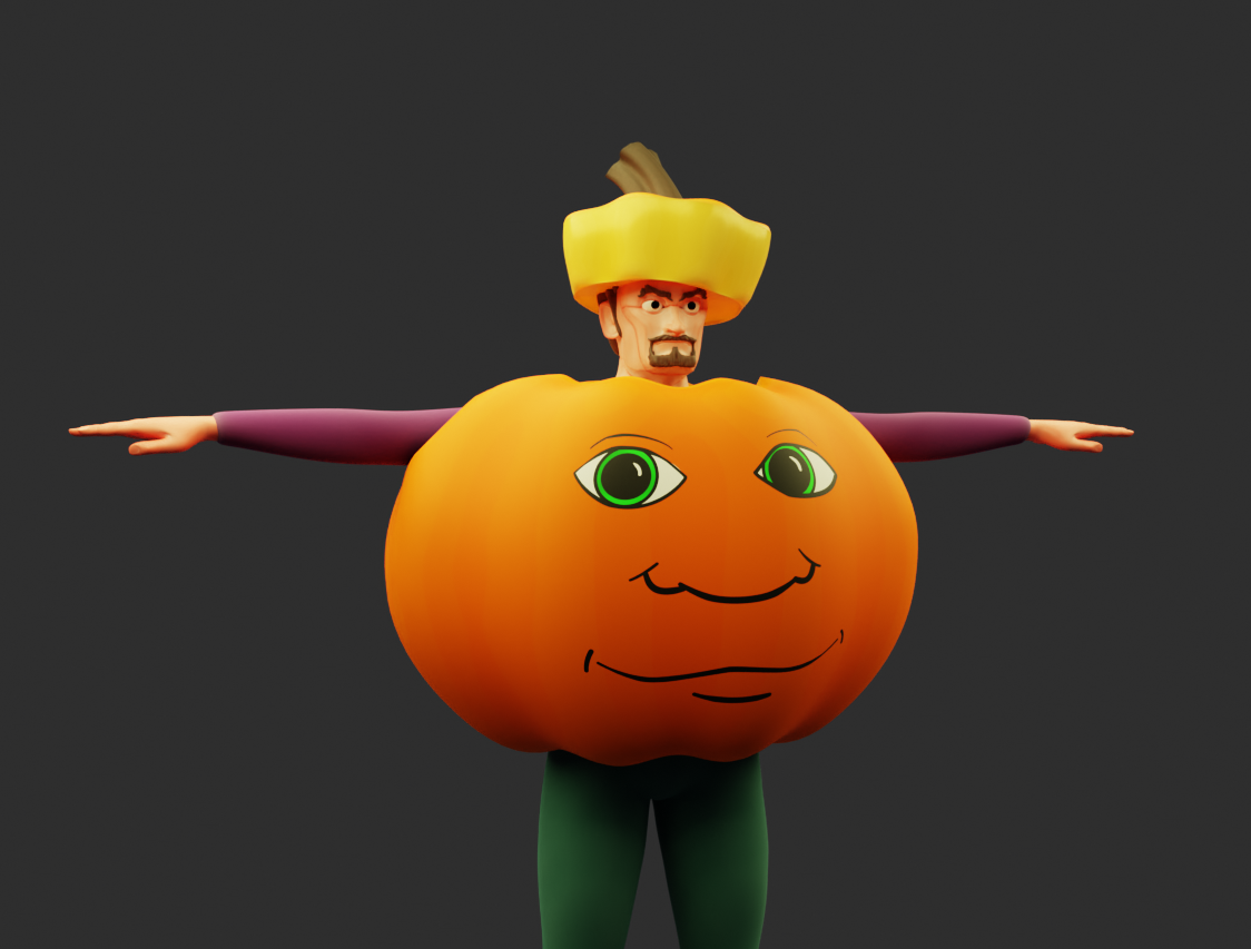 Javert in a much wider Hungry Pumpkin costume than in the final video.