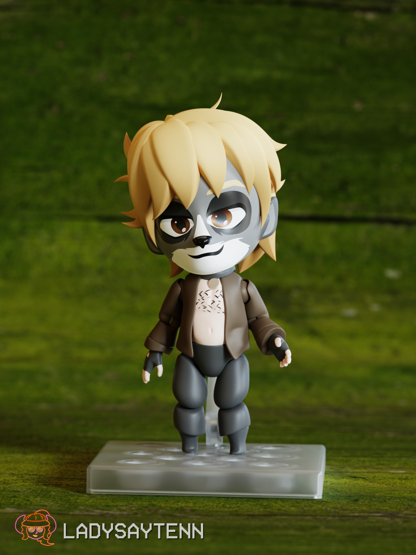 3D render of a posable figurine of a werewolf over a mossy wood background.  He has grey and white fur on his face, blonde hair, a light-skinned bare chest with black chest hair, a brown leather jacket, black fingerless gloves, and gray pants and shoes.