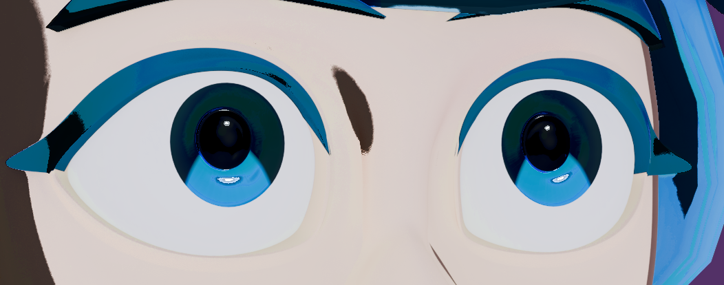 A closeup of Raven's eyes, now with pupils and flat anime-style shading.